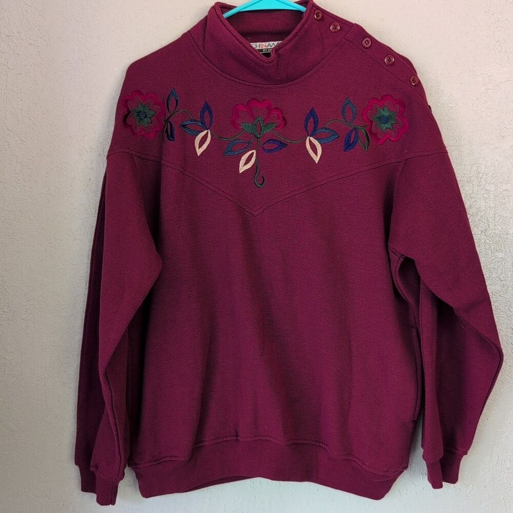 vintage chinawear By Morsley women's S Mock Neck Embroider Maroon Button Sweater